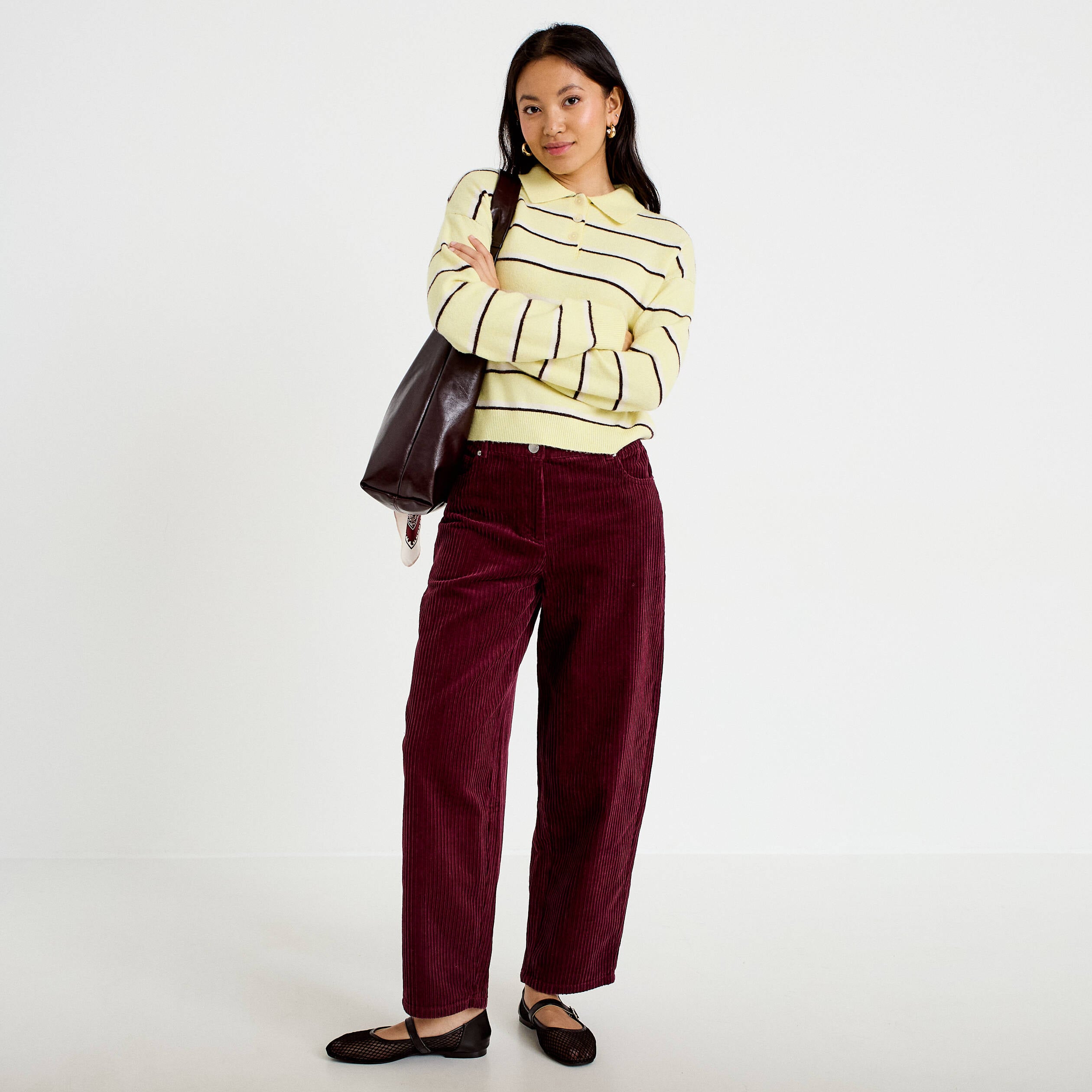 Pantalon large en velours bordeaux femme