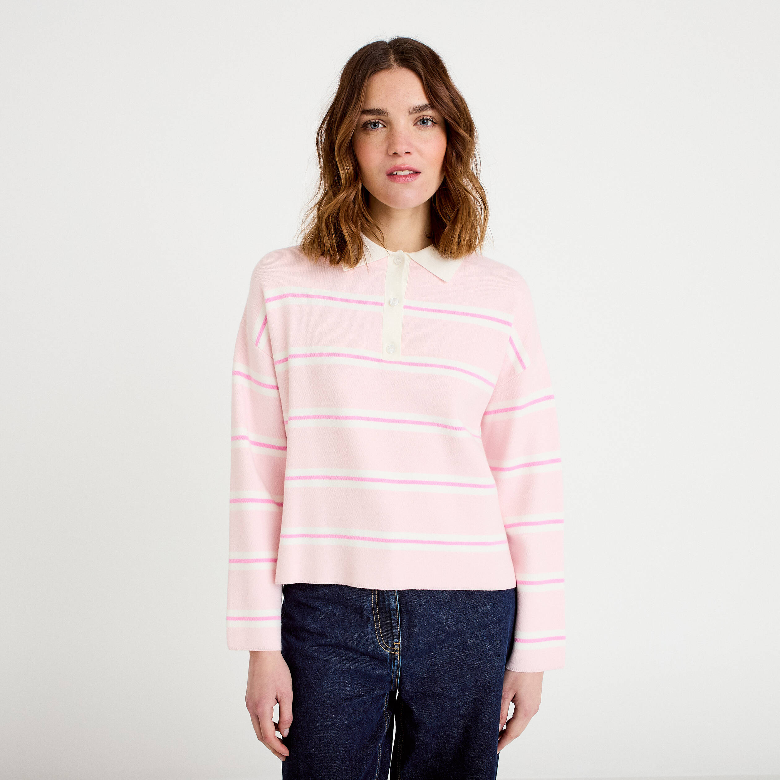 Polo manches longues col chemise rose poudr&eacute;e femme