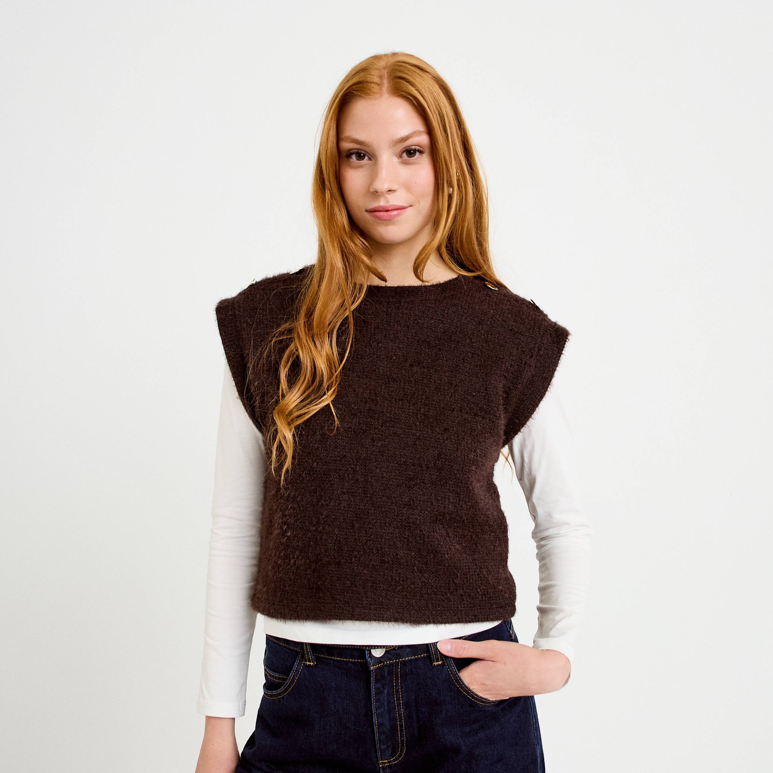 Pull 2-en-1 manches longues col rond marron fonc&eacute; femme
