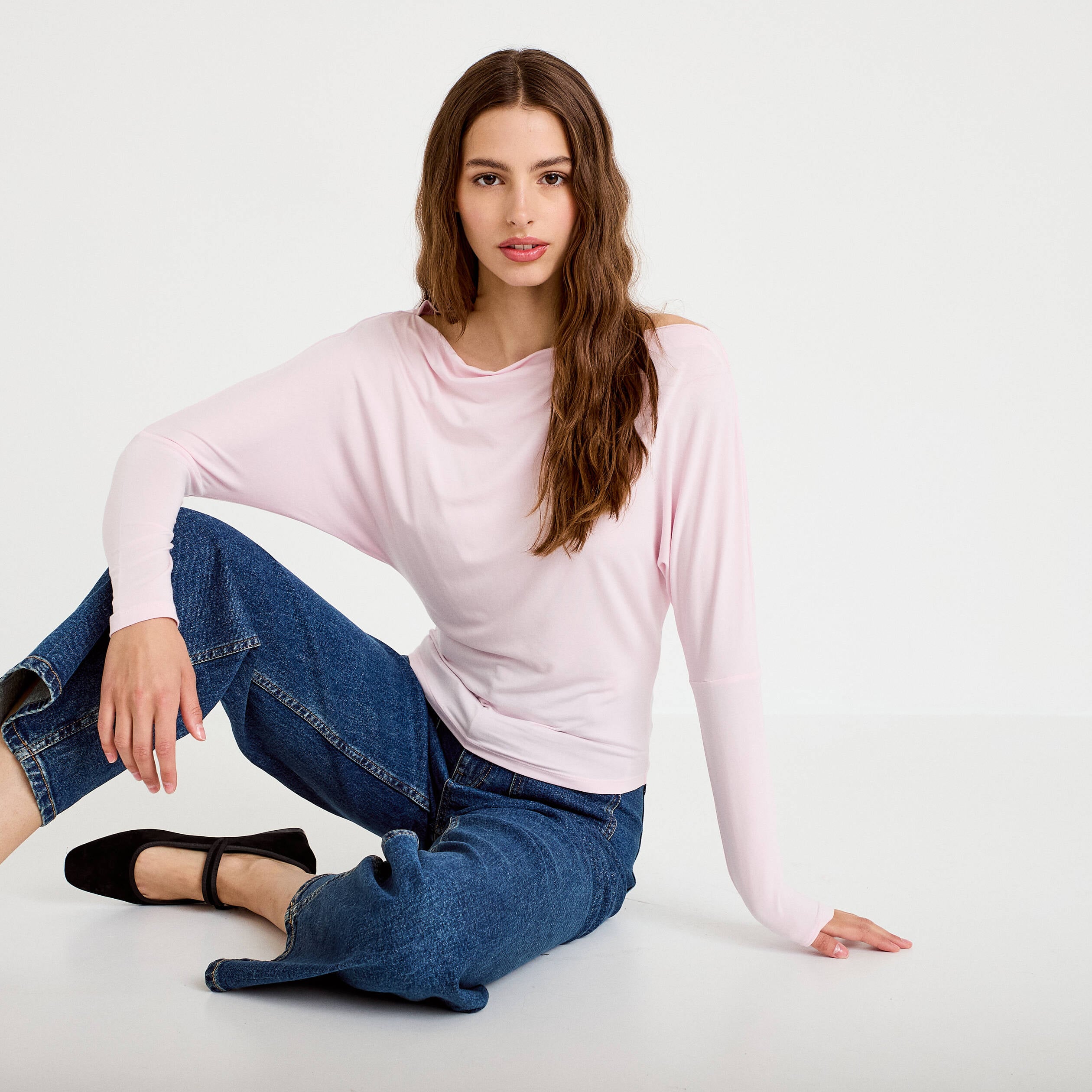 T-shirt col bateau manches longues rose clair femme