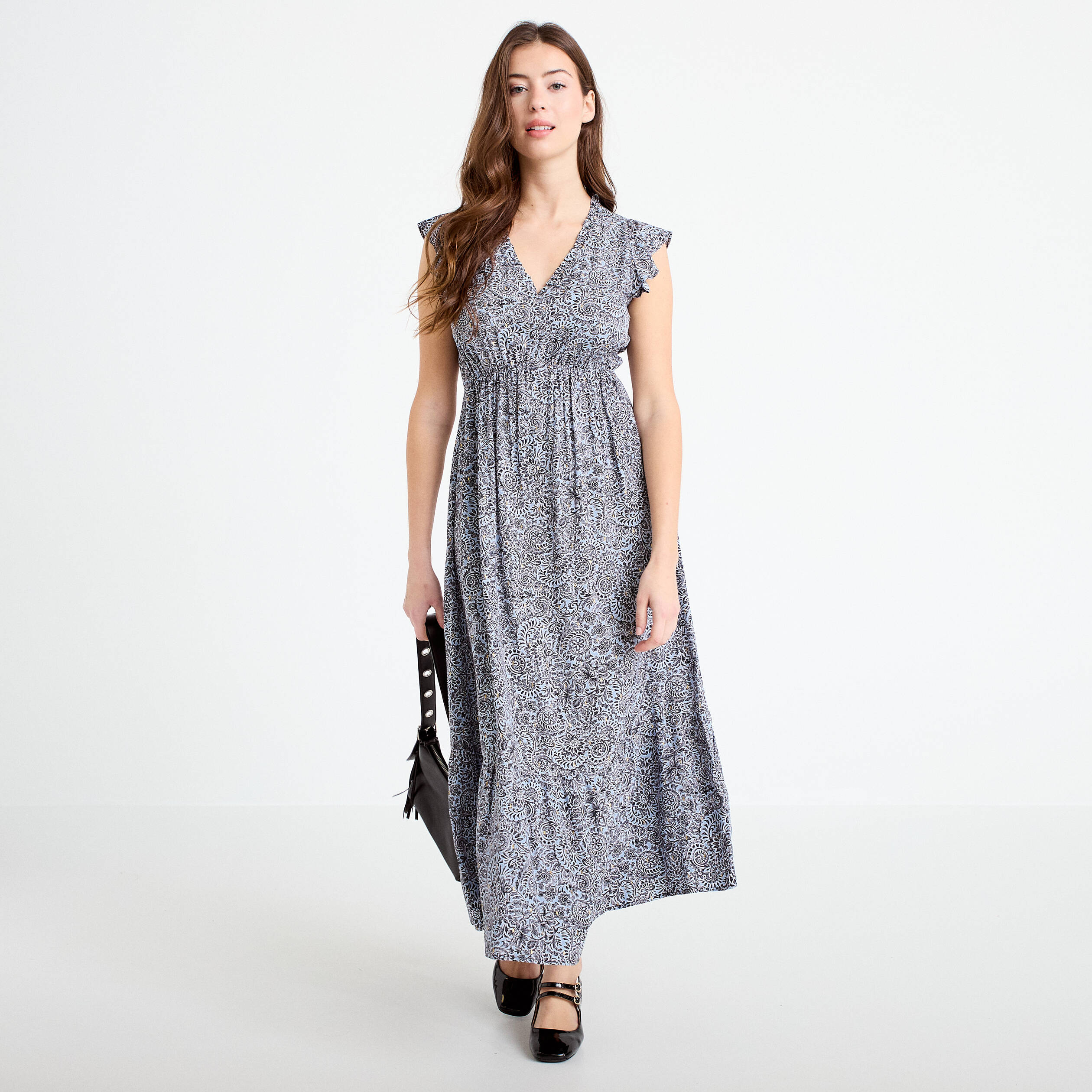 Robe longue &eacute;vas&eacute;e col v manches courtes bleu femme