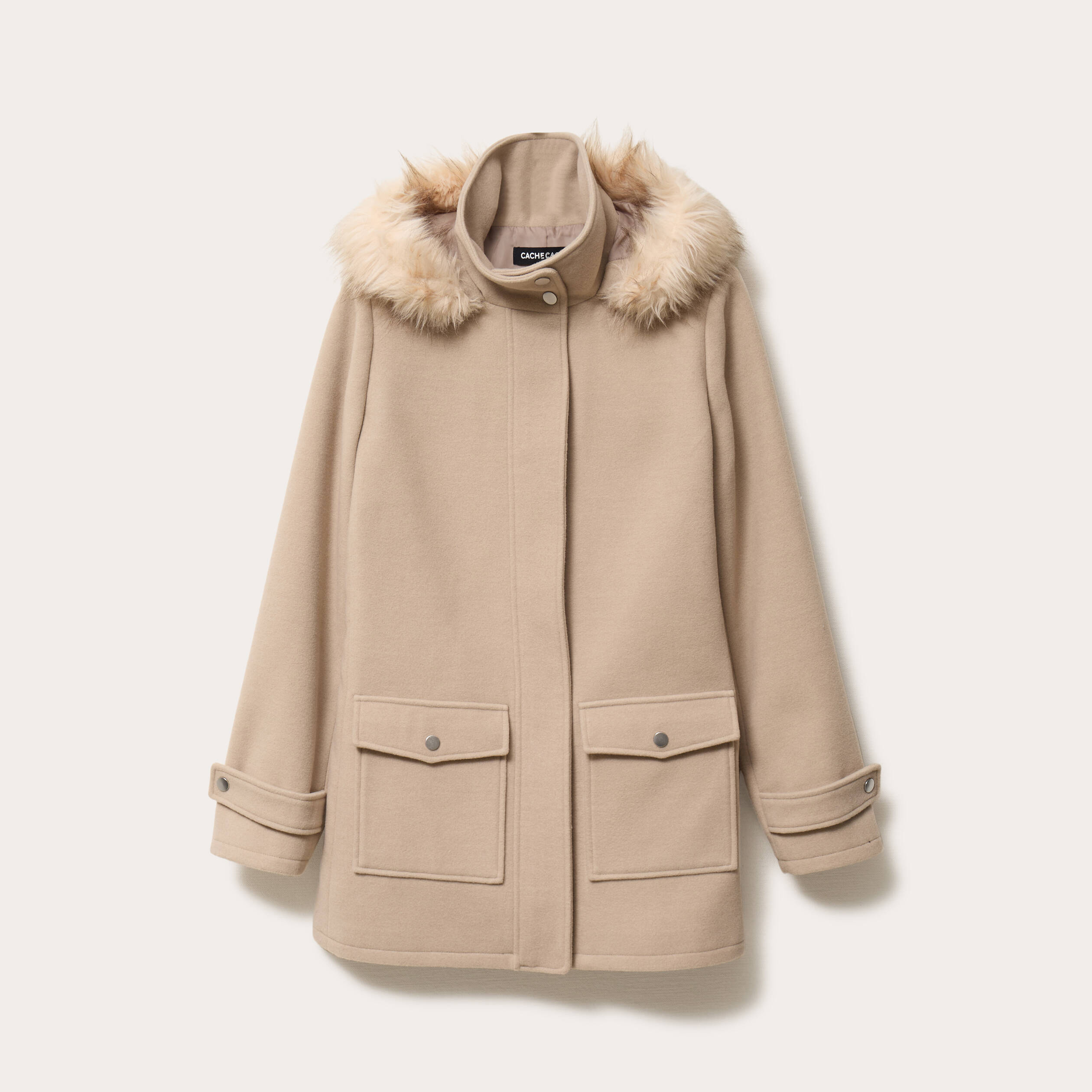 Manteau mi-long &agrave; capuche beige femme