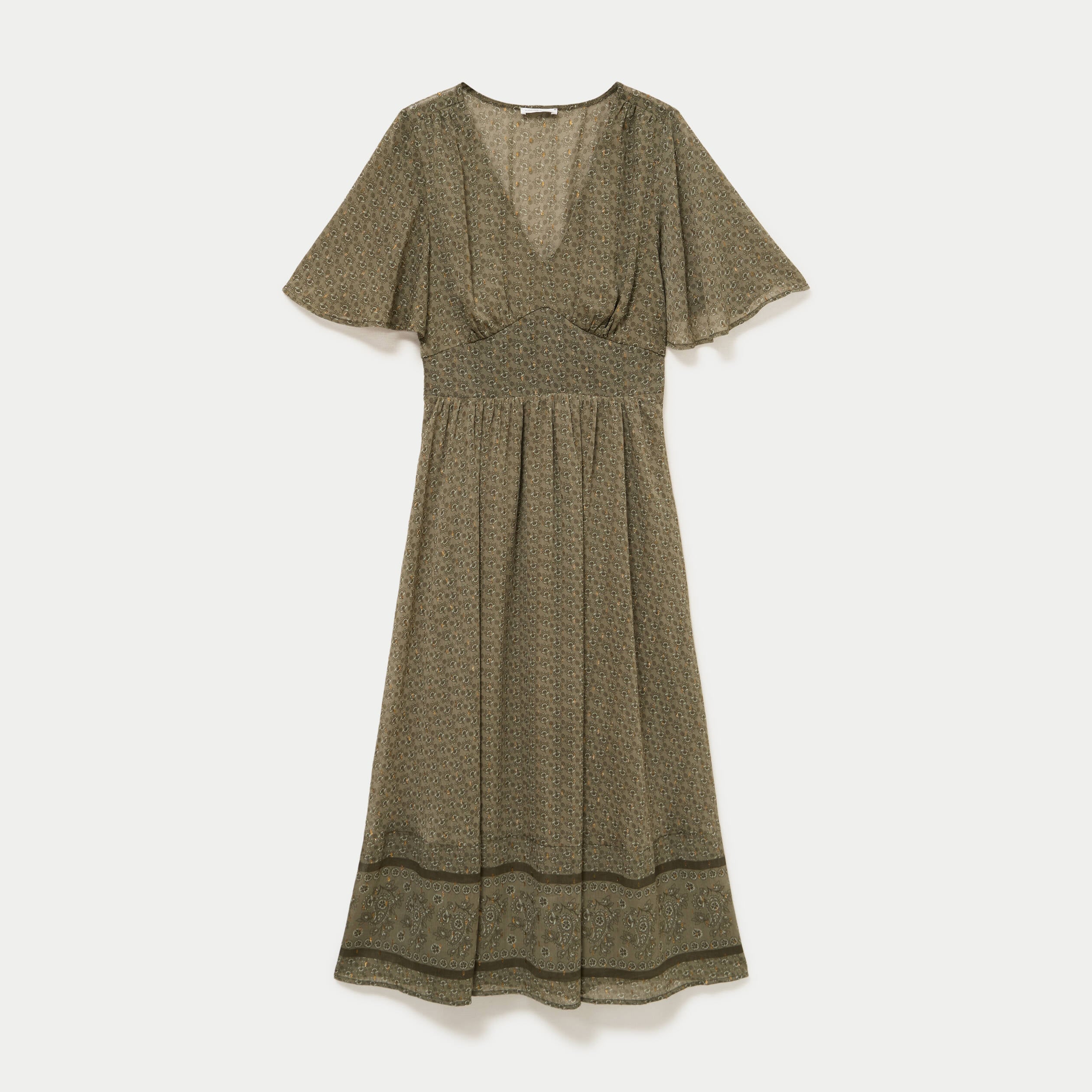 Robe longue &eacute;vas&eacute;e col v voile vert kaki femme