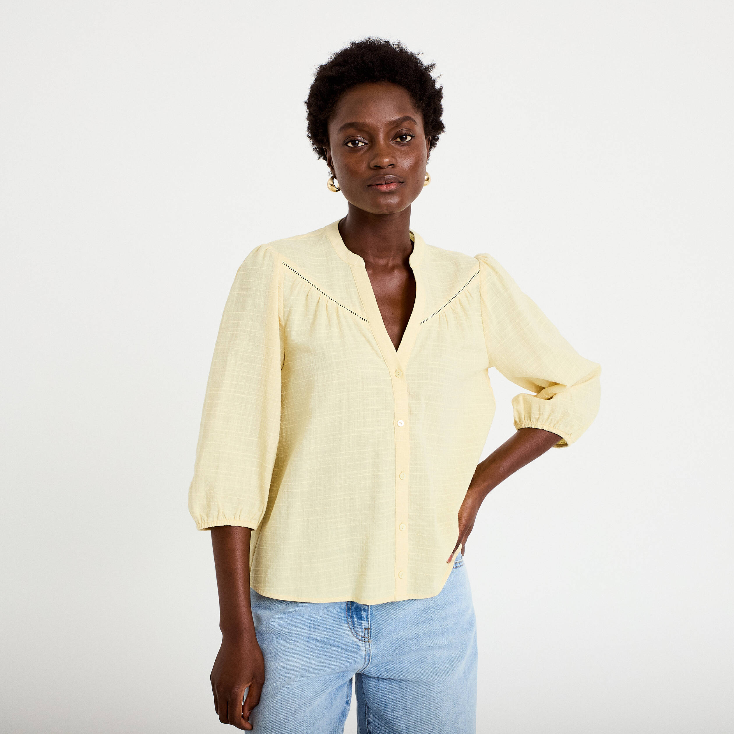 Blouse ample col v manches 3/4 jaune clair femme